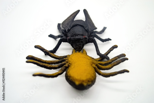 A close up of a black fly toy and a yellow spider toy isolated on a white background. The toys are detailed and realistic, making them ideal for educational or decorative purposes photo