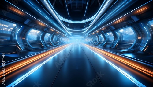 Futuristic corridor with glowing blue lights.