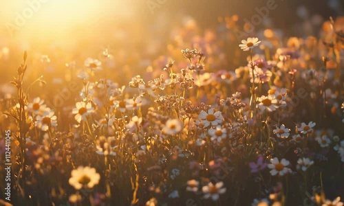 Sunlit wildflowers in a serene landscape