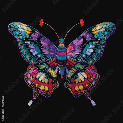 Textured embroidery colorful beautiful butterfly pattern. Decorative embroidered bright insect background. Vector ornamental butterfly. Stitching lines tapestry grunge surface texture. Illustration.