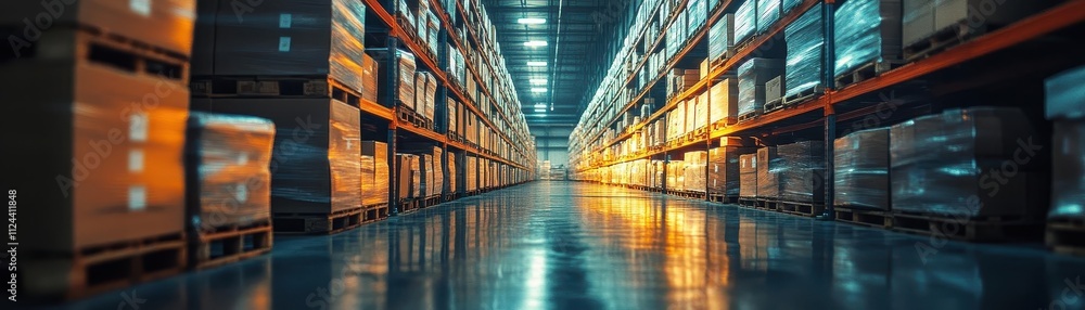 Fototapeta premium Stacks of inventory perfectly aligned in a warehouse, glowing softly under cinematic ambient lighting