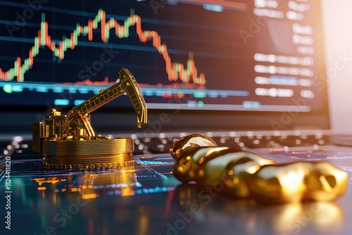 Golden Excavator and Graphical Data on Laptop Screen for Investment