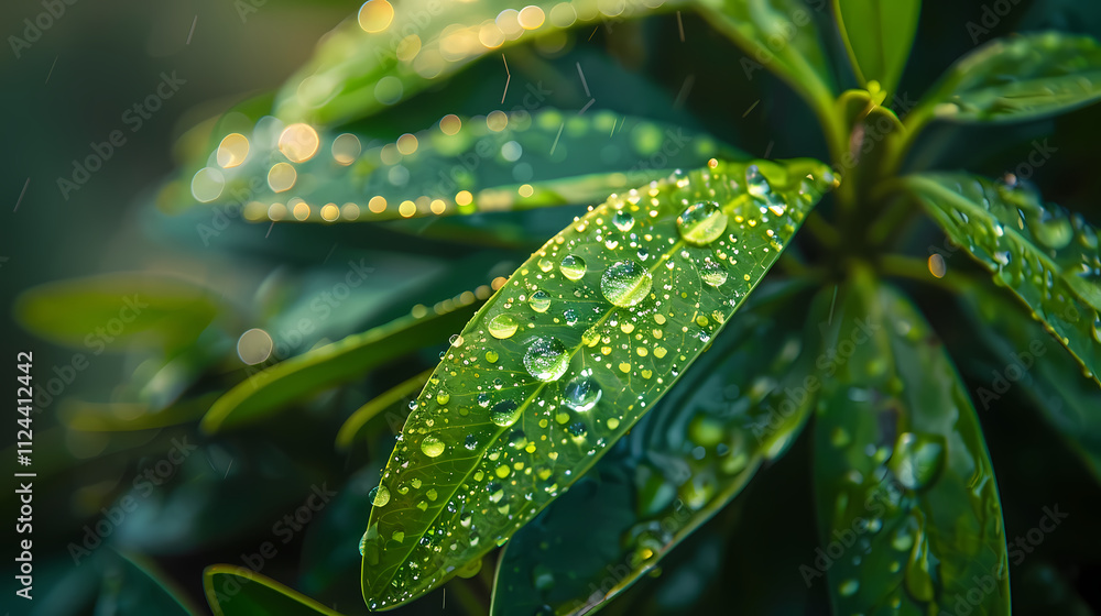 Dew-Kissed Leaves: Close-up view of vibrant green leaves glistening with fresh morning dew, sunlight filtering through, highlighting the intricate details of nature's artistry. Dew-Kissed Leaves: Close-up view of vibrant green leaves glistening with fresh morning dew, sunlight filtering through, highlighting the intricate details of nature's artistry.