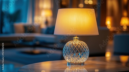 Illuminated crystal table lamp in a modern living room.