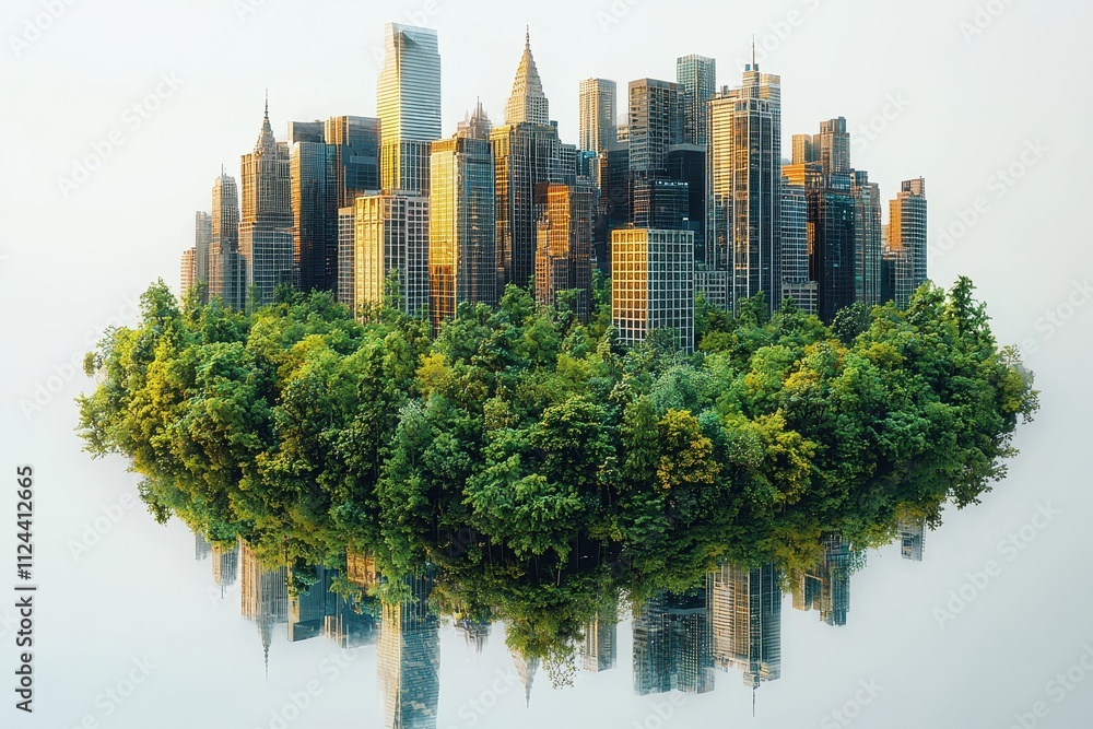 Fototapeta premium Urban Jungle Skyscrapers Rise Above Treetops on White Background