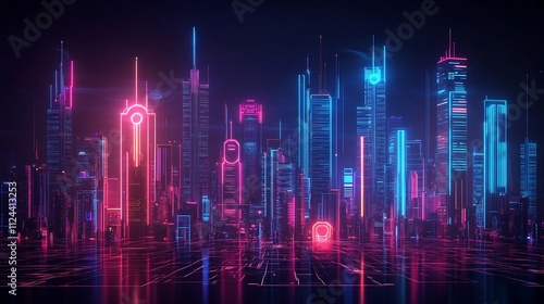 Futuristic Neon Infused City Skyline with Sleek Minimalist Skyscrapers and Dynamic Abstract Shapes