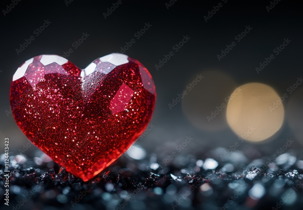Glimmering Red Heart Shining Brightly on Dark Background with Bokeh Effect, Capturing the Essence of Love and Romance in a Sparkling and Elegant Design Glimmering Red Heart Shining Brightly on Dark Background with Bokeh Effect, Capturing the Essence of Love and Romance in a Sparkling and Elegant Design