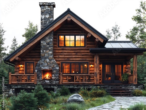 Cozy Rustic Log Cabin with Stone Chimney and Wooden Beams on Isolated White Background photo