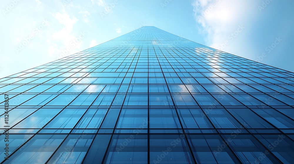 Sleek Modern Skyscraper with Glass Panels and Sharp Angles Against White Background Sleek Modern Skyscraper with Glass Panels and Sharp Angles Against White Background