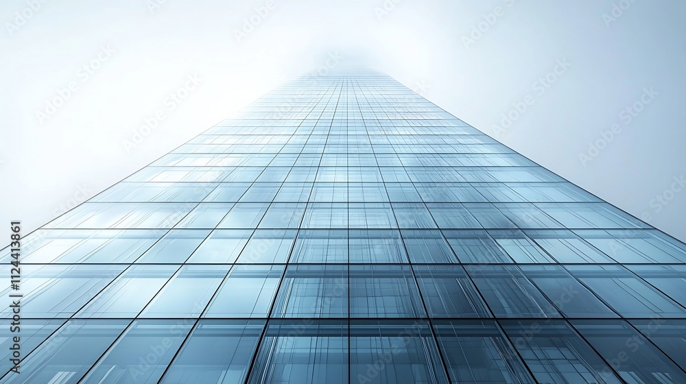 Sleek and Modern Skyscraper with Glass Panels and Geometric Angles on White Background Sleek and Modern Skyscraper with Glass Panels and Geometric Angles on White Background