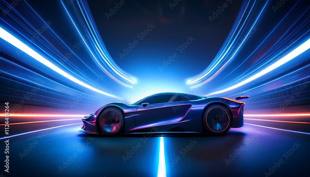 Futuristic sports car in dynamic neon environment. Futuristic sports car in dynamic neon environment.