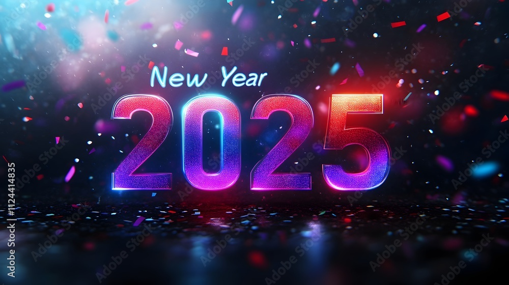 Luminous Neon New Year 2025 with Confetti Backdrop Luminous Neon New Year 2025 with Confetti Backdrop