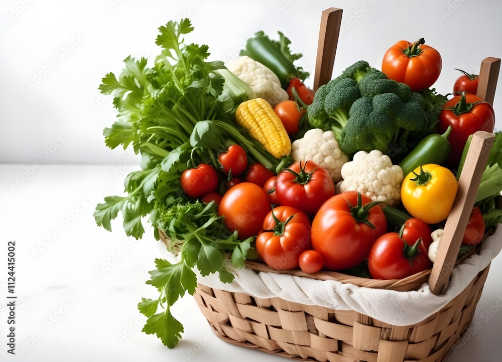 A woven basket filled with various fresh vegetables and herbs , including tomatoes , peppers , cauliflower , parsley , and other colorful produce items A woven basket filled with various fresh vegetables and herbs , including tomatoes , peppers , cauliflower , parsley , and other colorful produce items