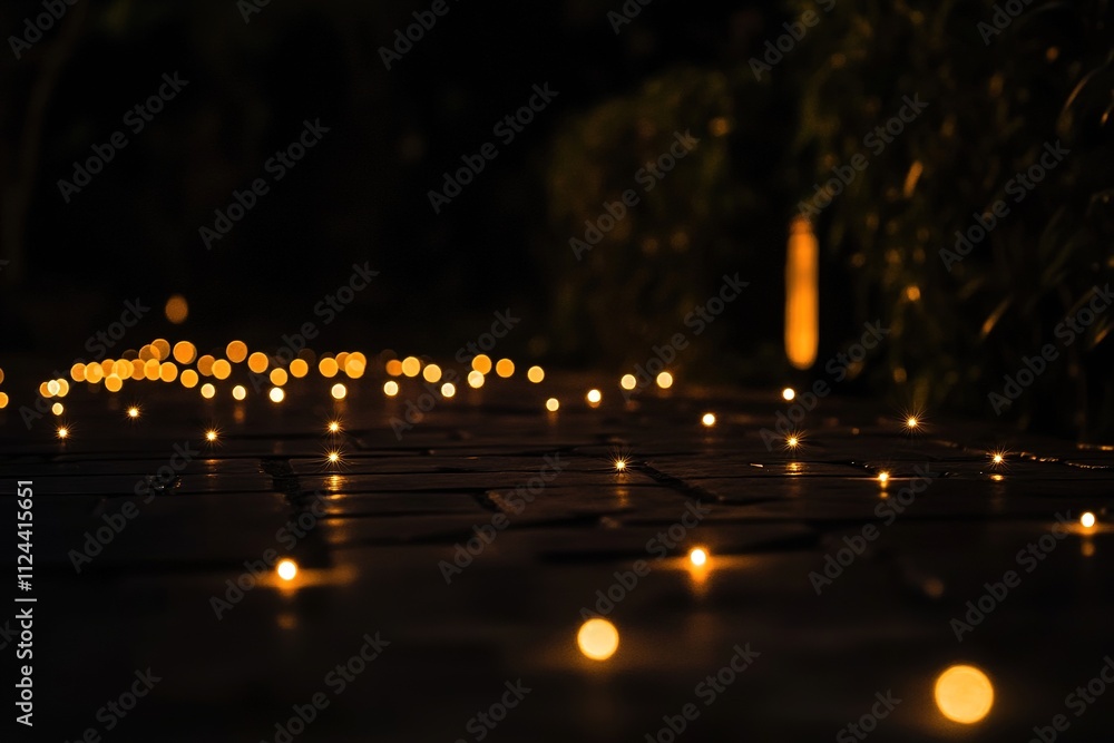 Warm glow of scattered lights on dark pathway at night Warm glow of scattered lights on dark pathway at night