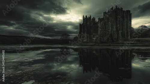 Dark castle reflection in a moody landscape 