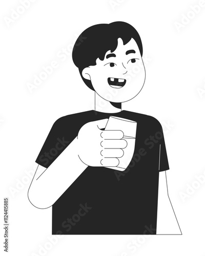 Cheerful chinese little boy holding juice glass black and white 2D line character. Asian male child enjoying soda beverage glassware isolated vector outline person. Monochromatic spot illustration