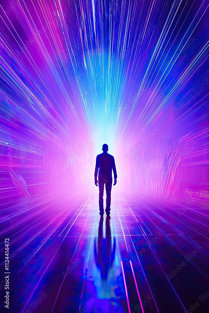 Futuristic Neon Corridor Man Walking Towards Bright Light Futuristic Neon Corridor Man Walking Towards Bright Light