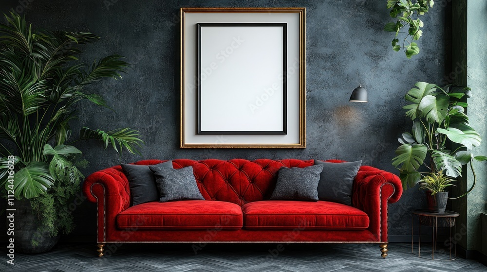 Fototapeta premium 1 empty vertical frame on a wall mockup, very detailed, rococco style, dark tones, professional photograph