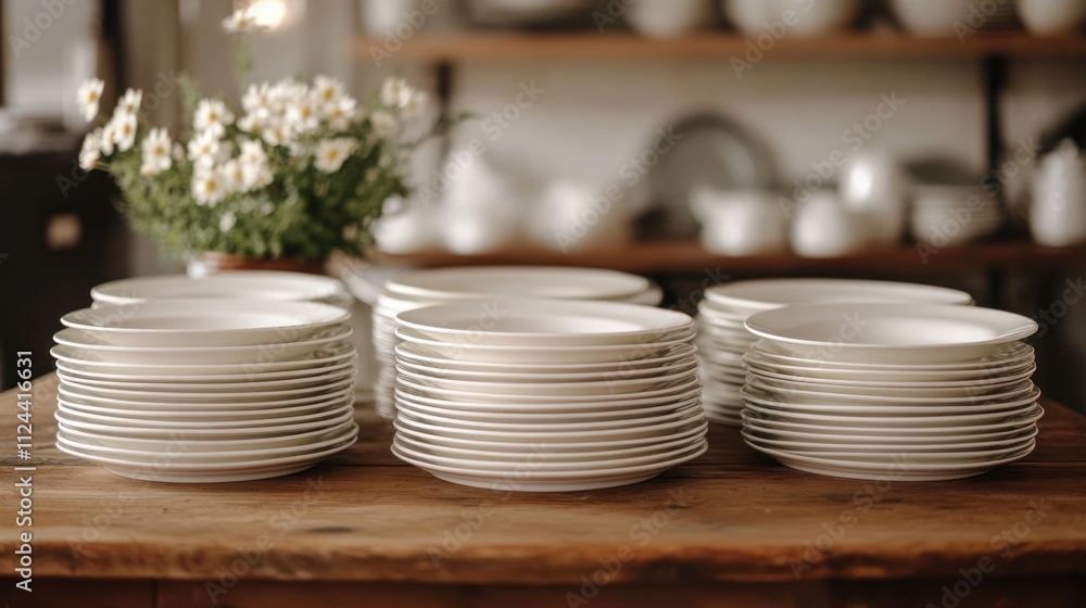 Elegant stack of clean white porcelain plates on a table ready for dining Elegant stack of clean white porcelain plates on a table ready for dining