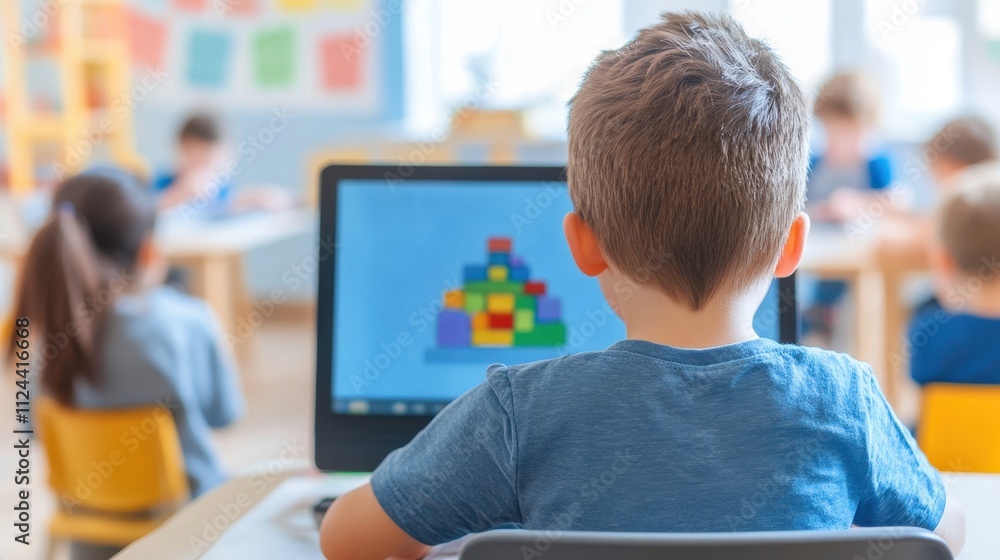 Young Boy Studying Computer in Classroom Young Boy Studying Computer in Classroom