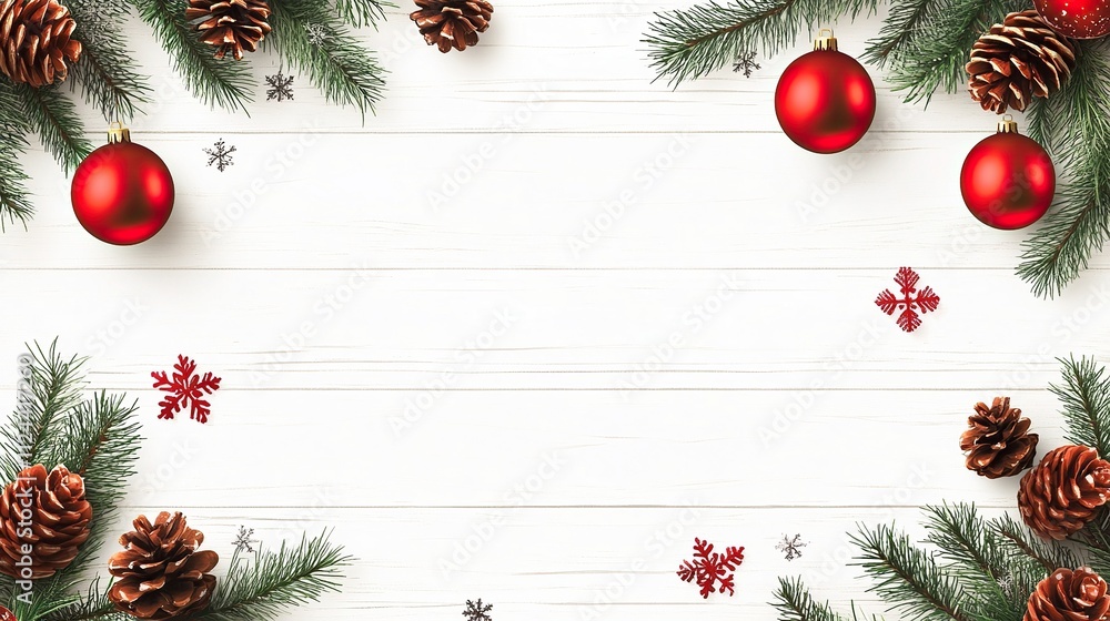 Festive Christmas Tree Border with Red Ornaments, Pine Cones, and Green Branches on White Wood Background. Vector Illustration for Holiday Greeting Cards, Festive Designs Festive Christmas Tree Border with Red Ornaments, Pine Cones, and Green Branches on White Wood Background. Vector Illustration for Holiday Greeting Cards, Festive Designs