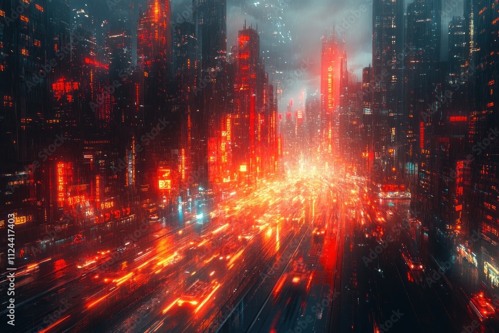 Fototapeta premium Futuristic Neon Cityscape with Data Streams and Cyberpunk Aesthetic