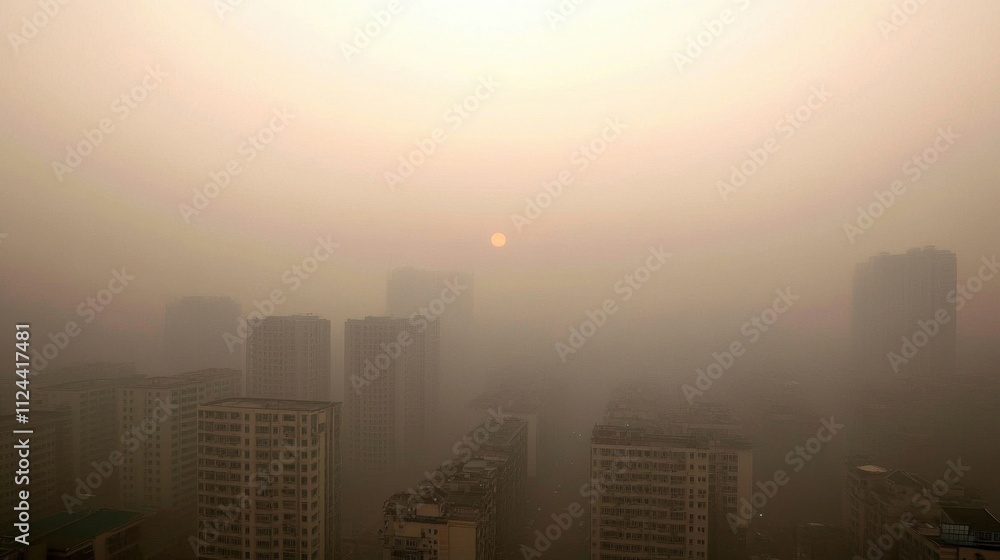 Fototapeta premium Hazy Cityscape: Enveloped in a Veil of Mist and Mystery
