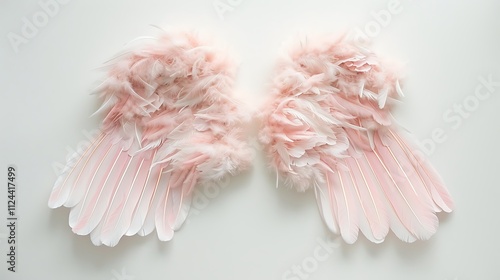 A pair of angelic wings with soft feathers laid flat on a white background.