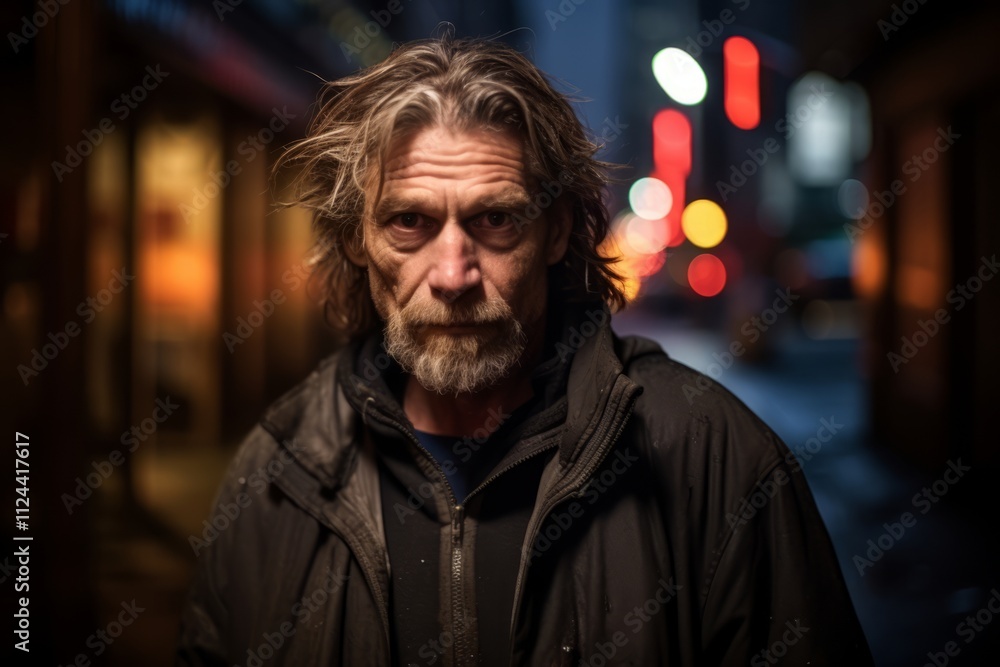 Portrait of an old man with long hair and beard in a night city Portrait of an old man with long hair and beard in a night city