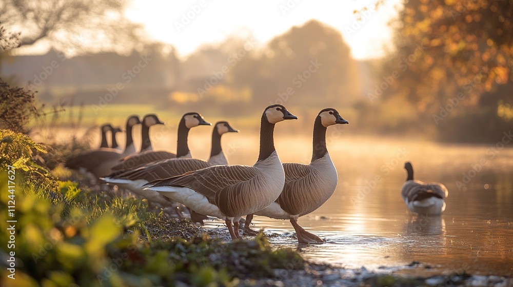Fototapeta premium Canada geese at sunrise by a calm river, autumn foliage.