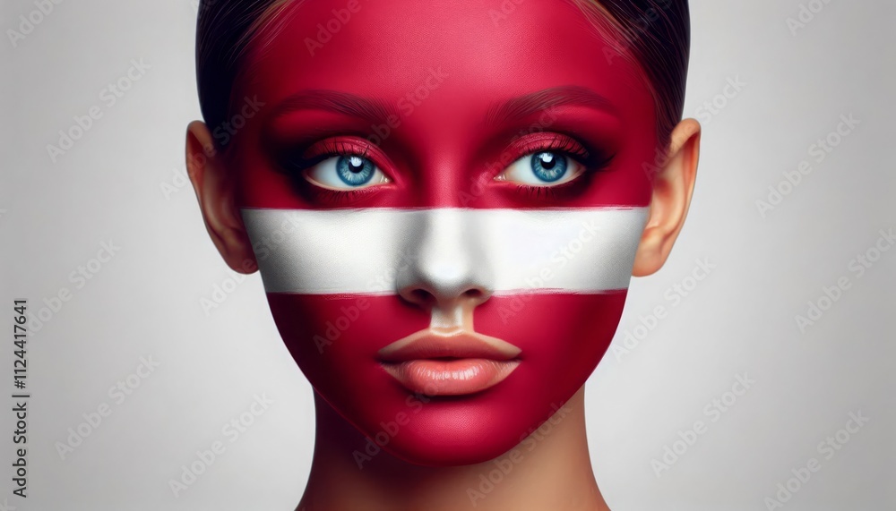 Woman with Latvian flag face paint, showcasing national pride and cultural identity Woman with Latvian flag face paint, showcasing national pride and cultural identity