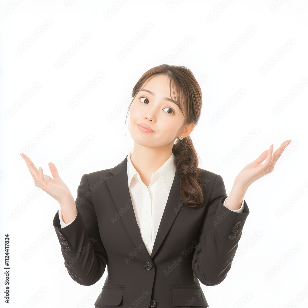 businesswoman in suit with hands raised feels So what to do, No idea. businesswoman in suit with hands raised feels So what to do, No idea.