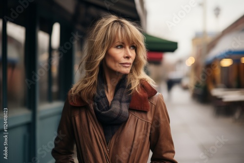 Portrait of a beautiful middle-aged woman in a brown coat on a city street