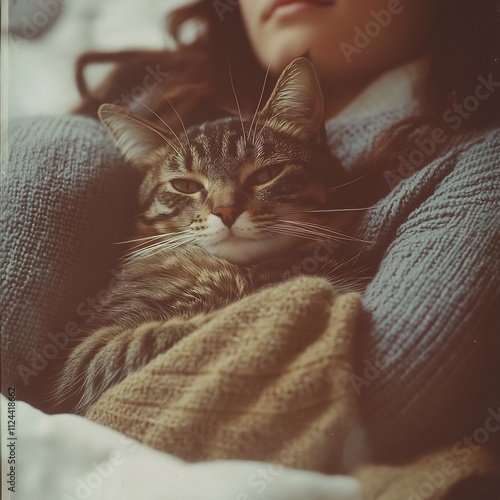 Tabby Cat Nestled in Teenager s Intimate Bedroom Scene photo