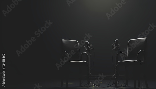 Podcast Studio Setup: Two sleek black leather chairs stand ready for an intimate podcast conversation, each with a professional microphone, under the soft glow of a spotlight.
