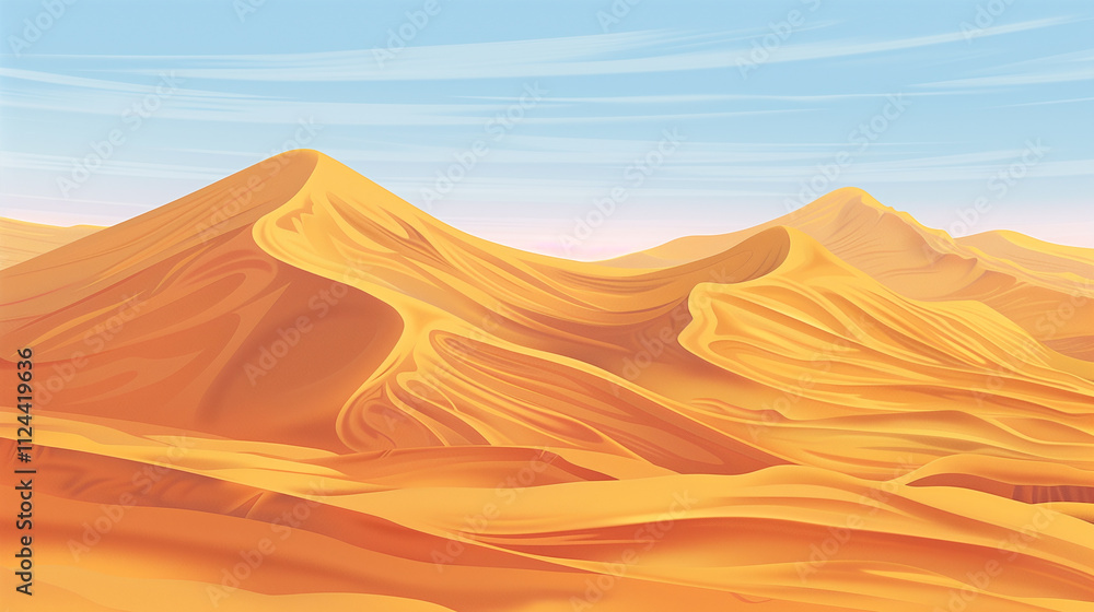 Expansive sand dunes in the desert, with intricate wind-swept patterns and warm golden hues under a clear sky. Expansive sand dunes in the desert, with intricate wind-swept patterns and warm golden hues under a clear sky.