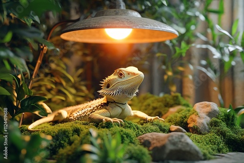 Basking Bearded Dragon in Lush Terrarium with Naturalistic Lighting and Scenery