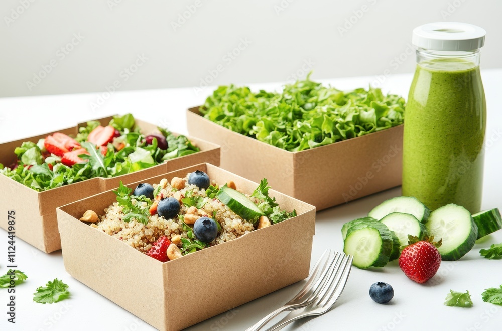 Healthy Meal Prep with Fresh Salads, Quinoa Bowl, and Green Smoothie in Eco-Friendly Containers on Bright Surface Healthy Meal Prep with Fresh Salads, Quinoa Bowl, and Green Smoothie in Eco-Friendly Containers on Bright Surface