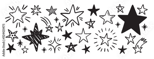 hand drawn stars set. Doodle star outline illustrations.