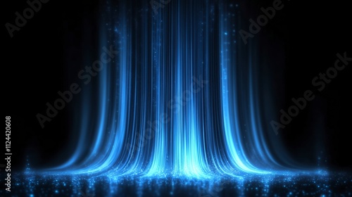 Cold air flow from conditione. Waterfall. Air light effect blue rays. Freezing wind waves air blowing effect. Abstract directional optical fiber neon lines on black Air cooling process, Background.