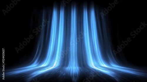 Cold air flow from conditione. Waterfall. Air light effect blue rays. Freezing wind waves air blowing effect. Abstract directional optical fiber neon lines on black Air cooling process, Background.