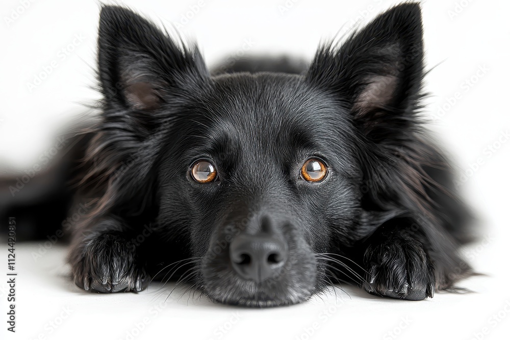 Curious Black Dog with Expressive Eyes and Ears Alert on White Background Curious Black Dog with Expressive Eyes and Ears Alert on White Background