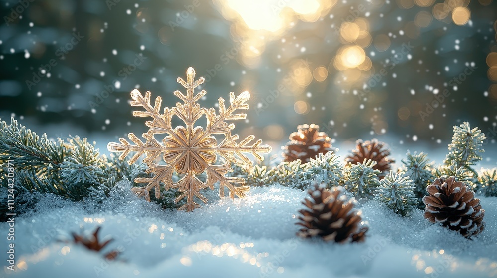 Golden snowflake ornament on snowy pine branches with morning sunlight and falling snowflakes Golden snowflake ornament on snowy pine branches with morning sunlight and falling snowflakes