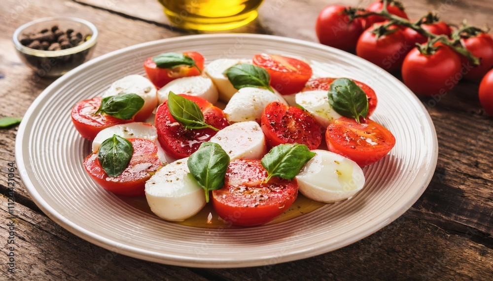 Caprese Salad.Mediterranean salad. Mozzarella cherry tomatoes basil and olive oil on old oak table. Italian cuisine Caprese Salad.Mediterranean salad. Mozzarella cherry tomatoes basil and olive oil on old oak table. Italian cuisine