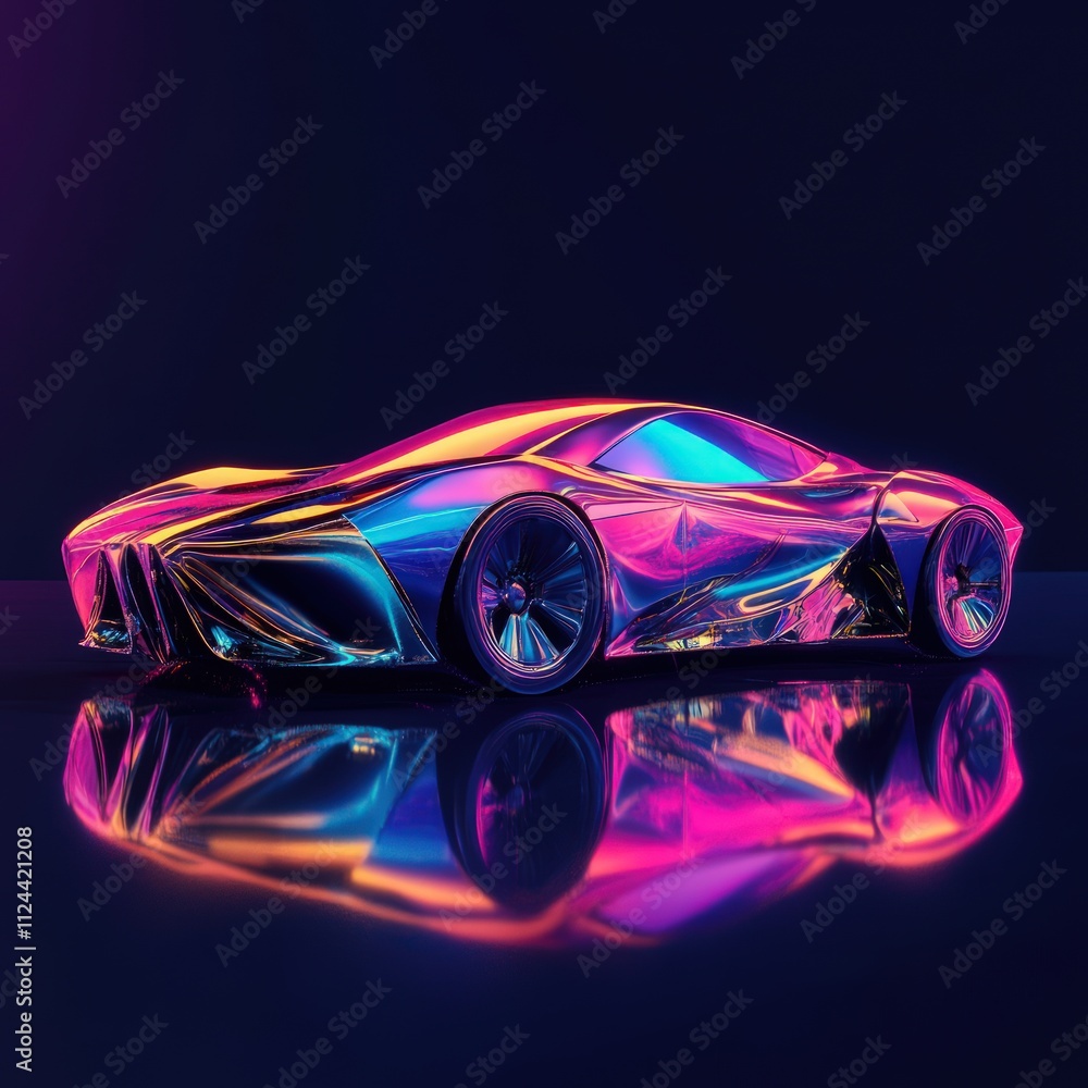 Naklejka premium Futuristic iridescent sports car reflected on dark surface.