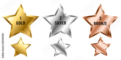A set of prize stars to be awarded. Gold, silver, bronze star. First, second, and third places.