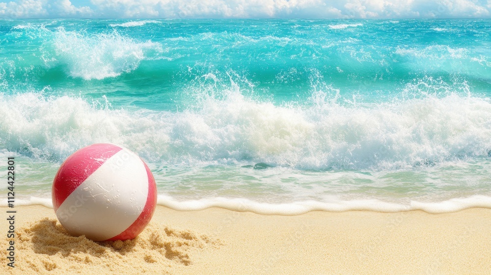 Vibrant Beach Ball on Tropical Sandy Shore with Crashing Waves Vibrant Beach Ball on Tropical Sandy Shore with Crashing Waves