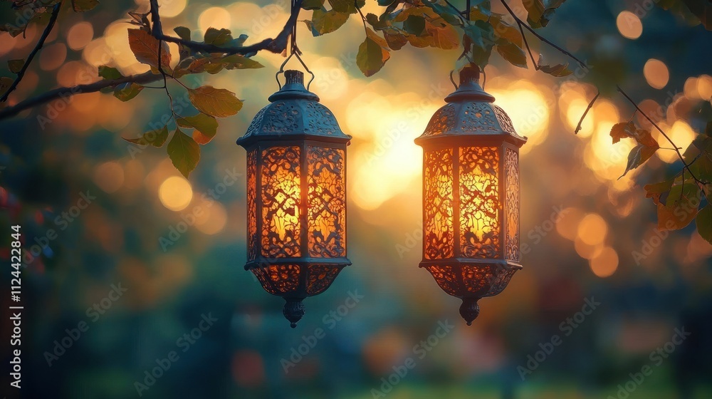 Islamic Lanterns Illuminating Ramadan Night with Glowing Light Space for Celebration Reflection Islamic Lanterns Illuminating Ramadan Night with Glowing Light Space for Celebration Reflection