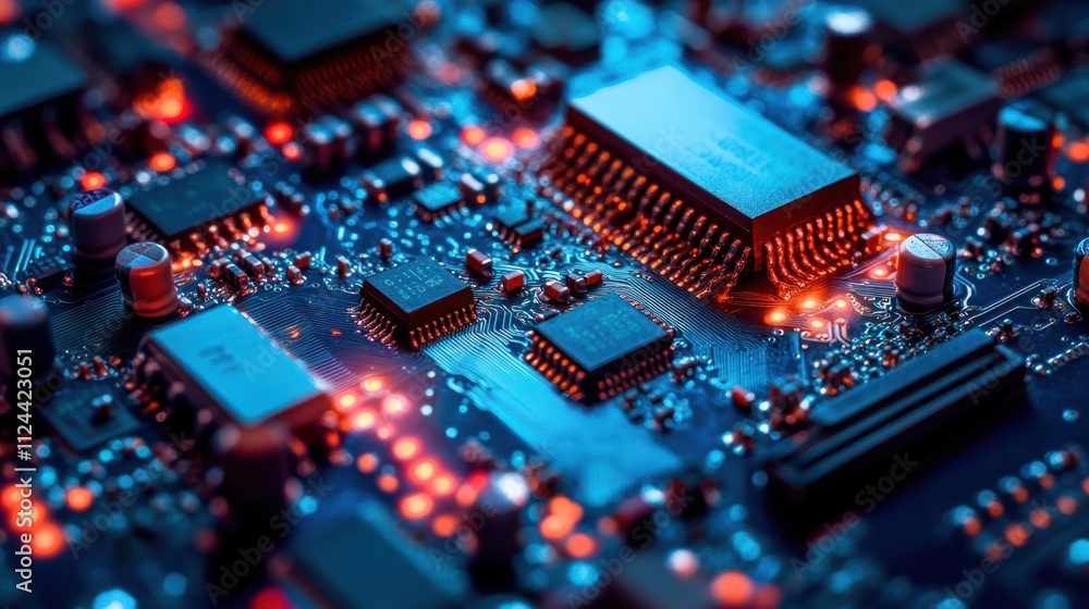 Close-up of a circuit board with glowing components Close-up of a circuit board with glowing components