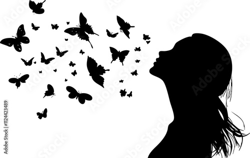 A silhouette of a woman surrounded by butterflies, symbolizing freedom and inspiration, perfect for artistic and nature-themed projects.